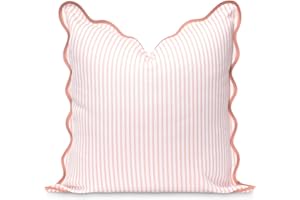 Hofdeco Premium Coastal Patio Indoor Outdoor Scalloped Throw Pillow Cover Only, 20"x20" Water Repellent for Backyard, Couch, Blush Pink Print Stripes