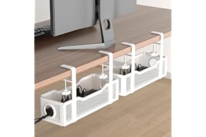 2 Pack Under Desk Cable Management Box White, Cinati Wire Organizers No Drill, Cord Organization Tray with Clamp for Office, Home - No Damage to Desk