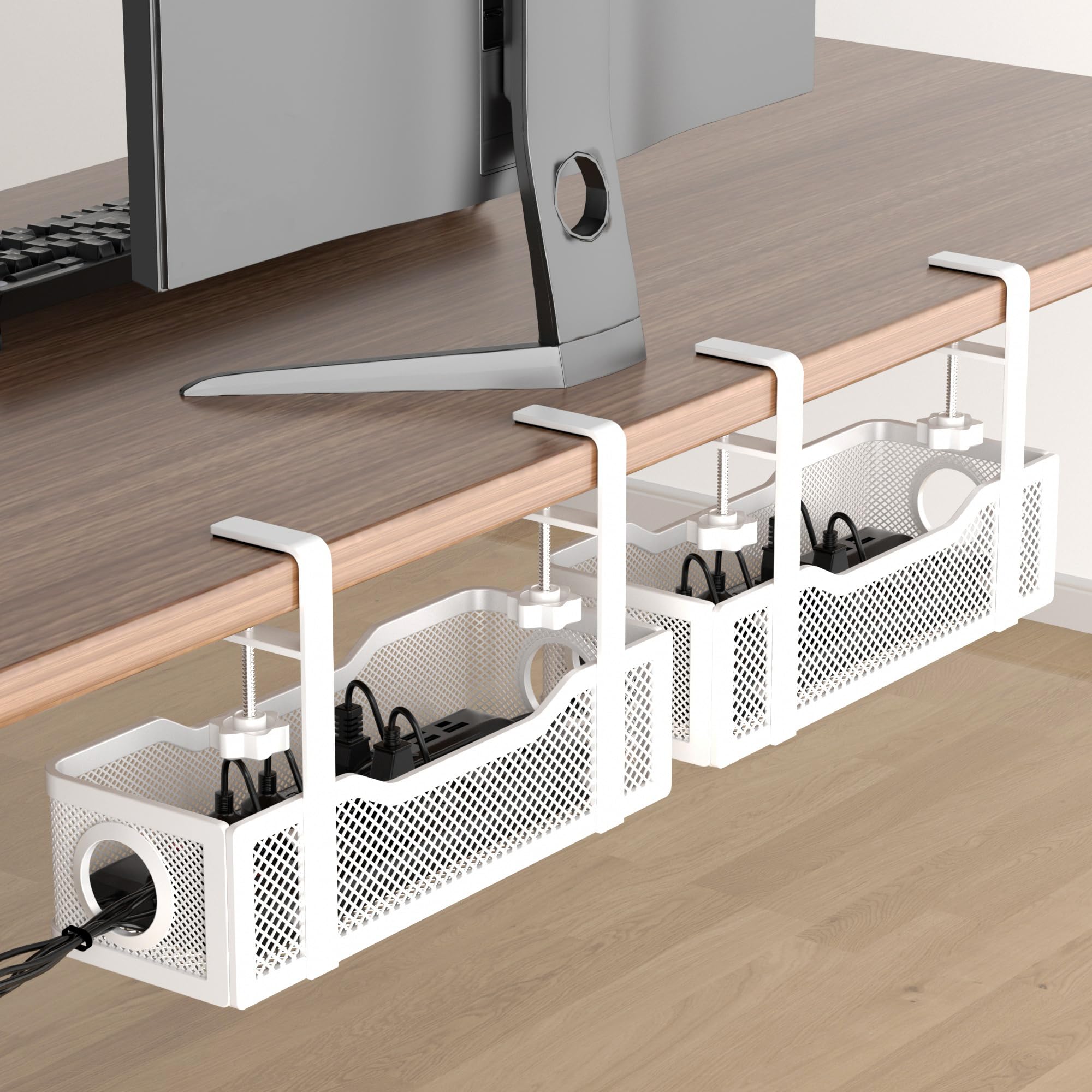 Photo 1 of 2 Pack Under Desk Cable Management Box White, Cinati Wire Organizers No Drill, Cord Organization Tray with Clamp for Office, Home - No Damage to Desk
