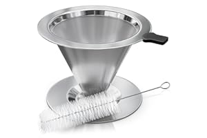 V TOWER Stainless Steel Pour Over Coffee Maker With Cleaning Brush & Non-Slip Silicone Handle - 2 Cups Capacity Stainless Steel Pour Over Coffee Dripper With Secure Wide Base, Clean Flavor Paperless