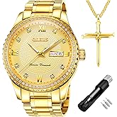 OLEVS Diamond Watches for Men,Business Dress Watch Waterproof Luminous,Male Golden Big Dial Luxury Casual Quartz Analog Watches with Day Date Calendar and Stainless Steel Band