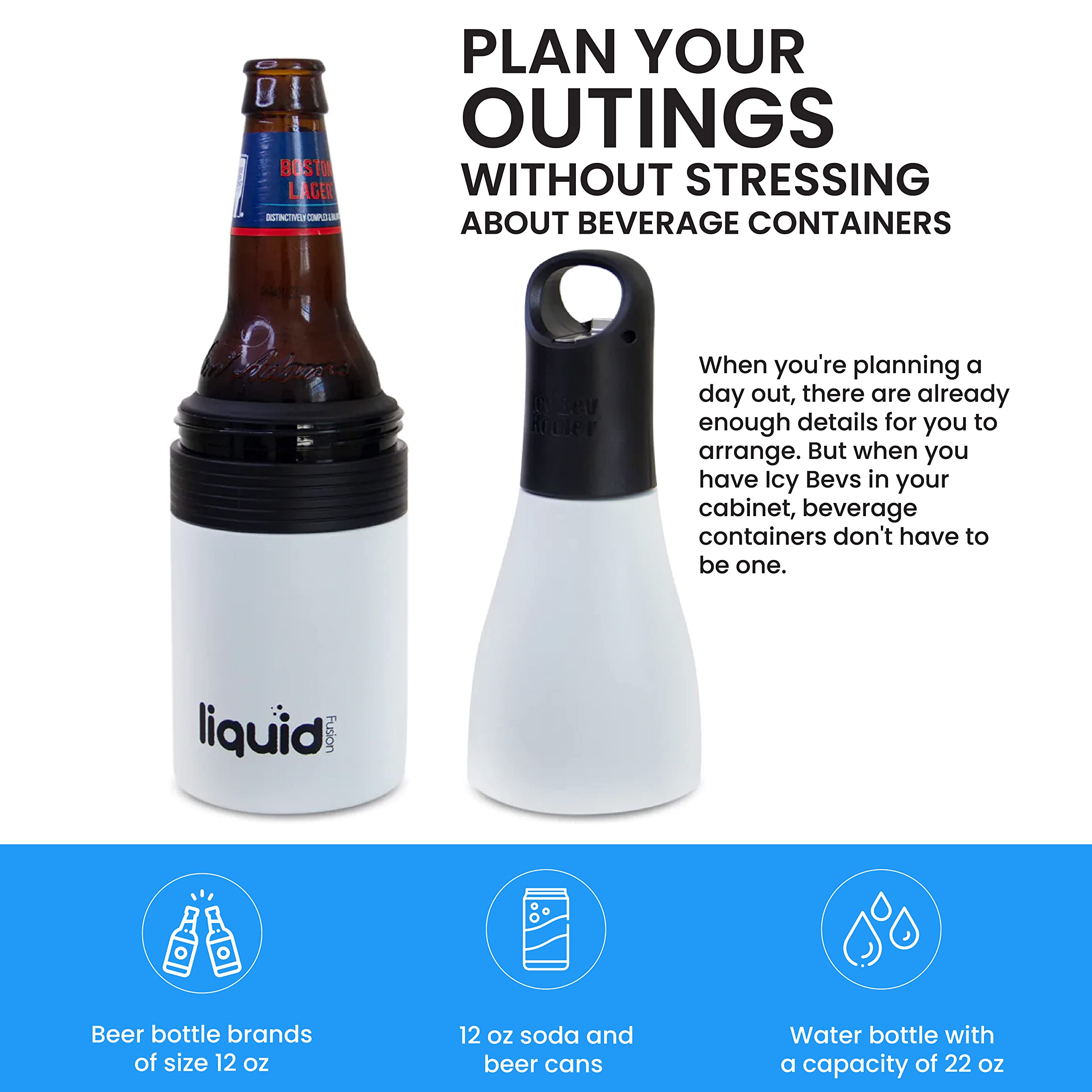 Beer Bottle Cooler With Opener and Stopper. Stainless Steel Bottle Insulator for 12oz Glass Bottles or Regular Cans. Beer Gifts. 3 in 1, 22oz Water Bottle or Beer Cover or Can Sleeve. White