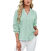 Blooming Jelly Womens Striped Button Down Shirt V Neck Long Sleeve Cotton Blouse Business Casual Trendy Fashion Work Tops