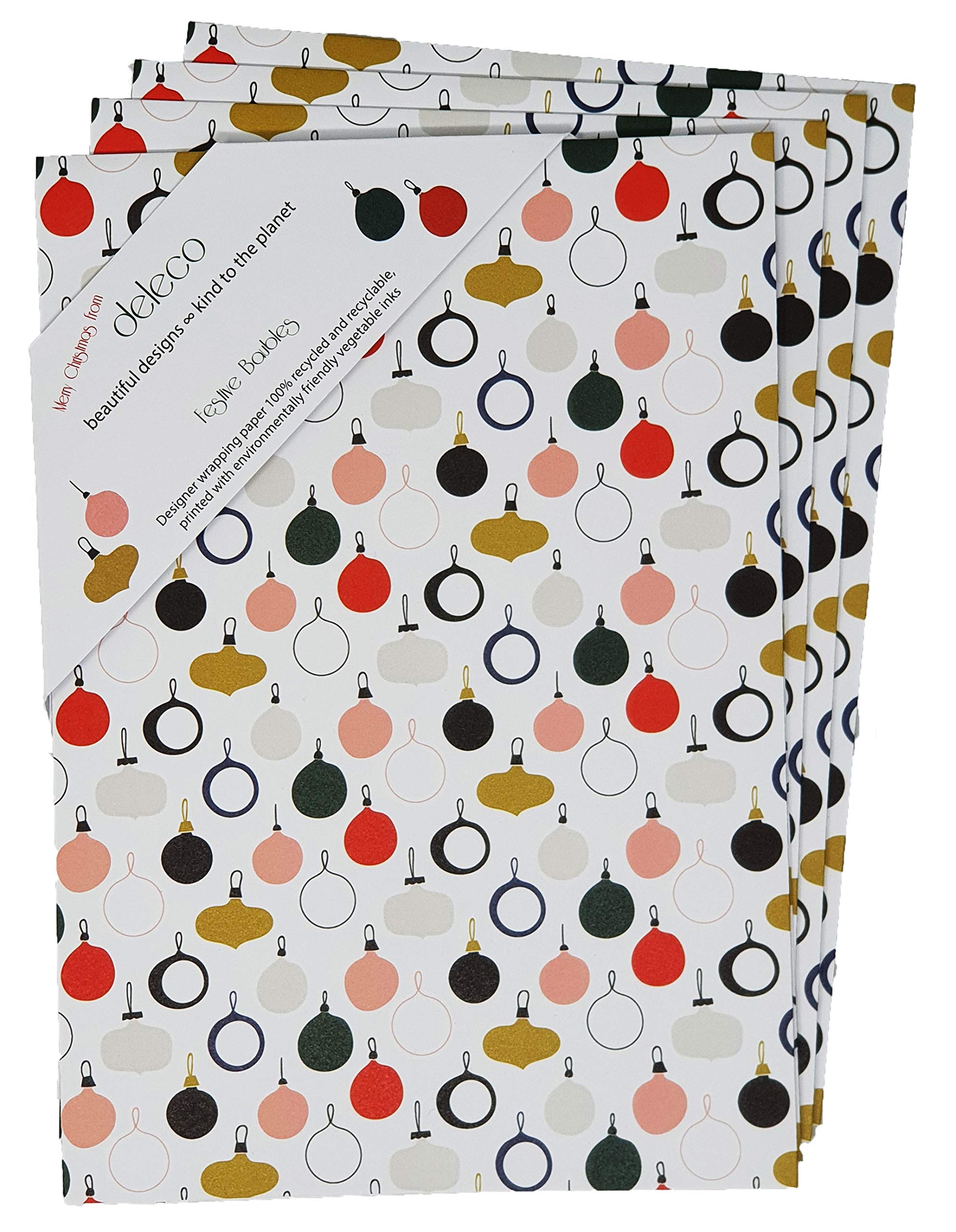 4 x Recyclable Wrapping Paper Christmas Baubles - Premium Xmas Wrapping Paper Sheets 70cmx50cm Made from 100% Recycled Paper