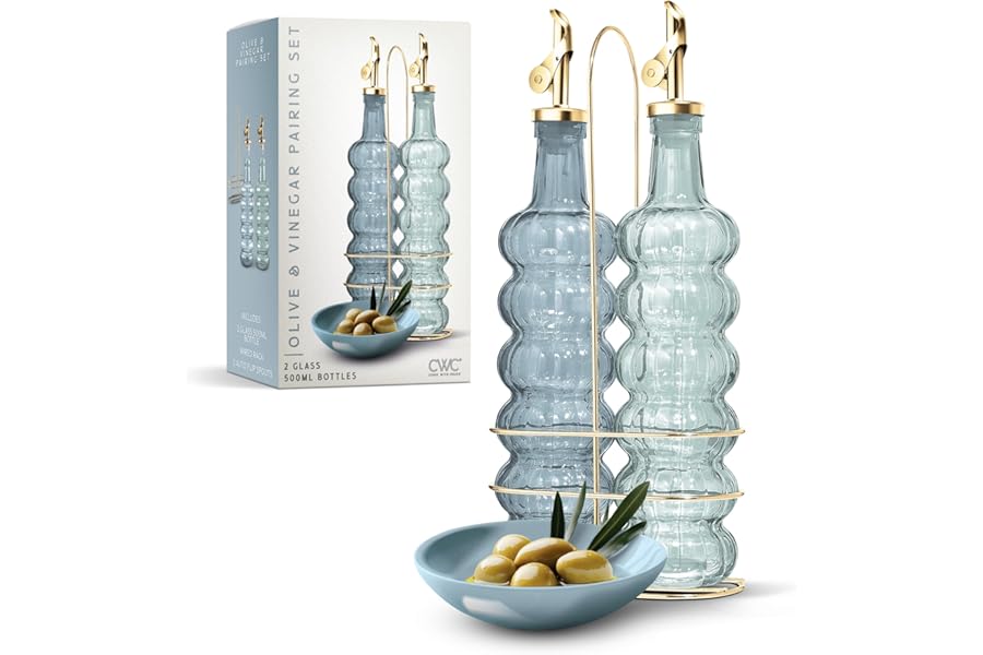 COOK WITH COLOR Glass Olive Oil Bottle Dispenser - 2 Pack- 17oz Oil and Vinegar Cruet - Olive Oil Carafe Decanter for Kitchen, Elegant Waves, Blue