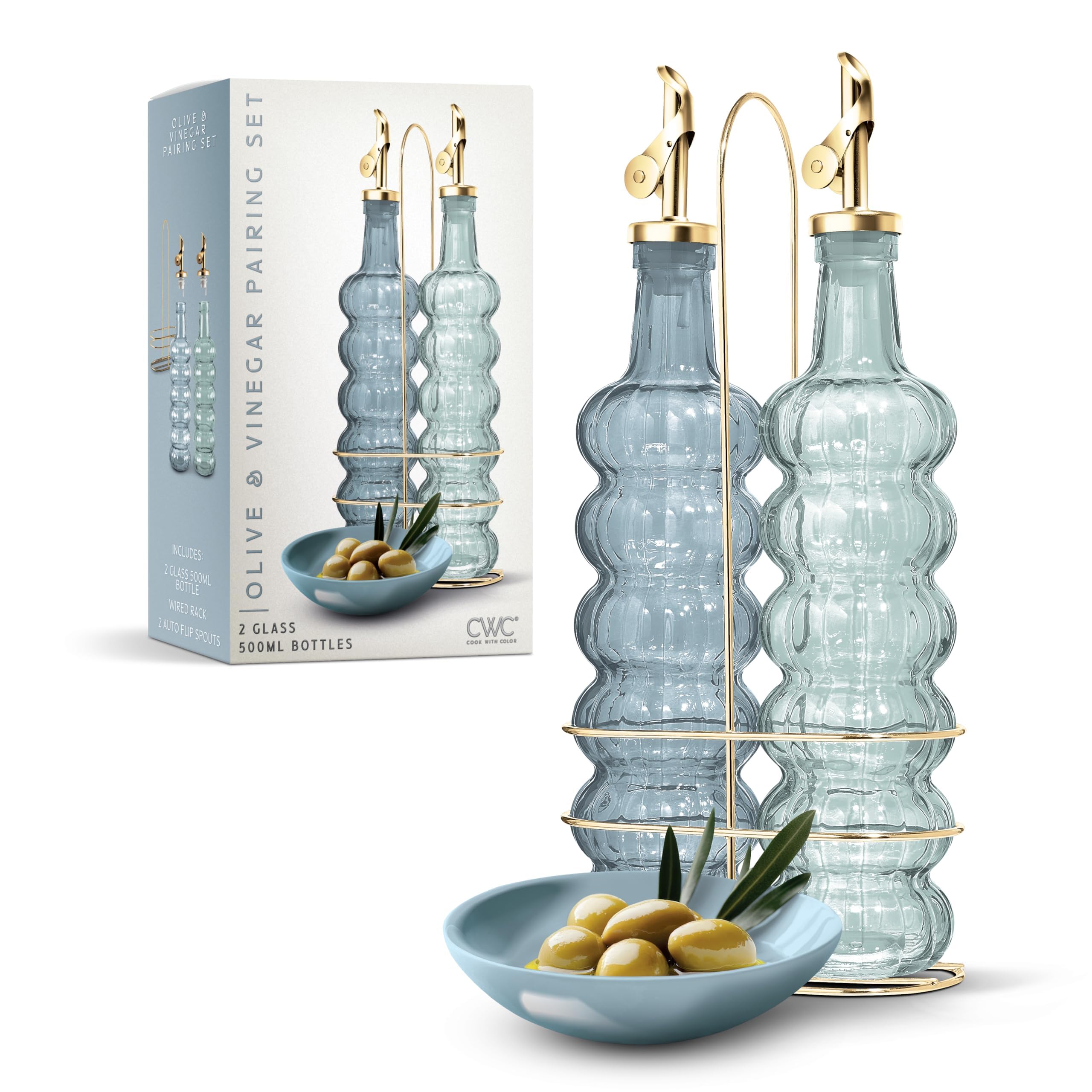 Photo 1 of ***(MISSING ONE/ PARTIAL SET)***COOK WITH COLOR Glass Olive Oil Bottle Dispenser - 2 Pack- 17oz Oil and Vinegar Cruet - Olive Oil Carafe Decanter for Kitchen