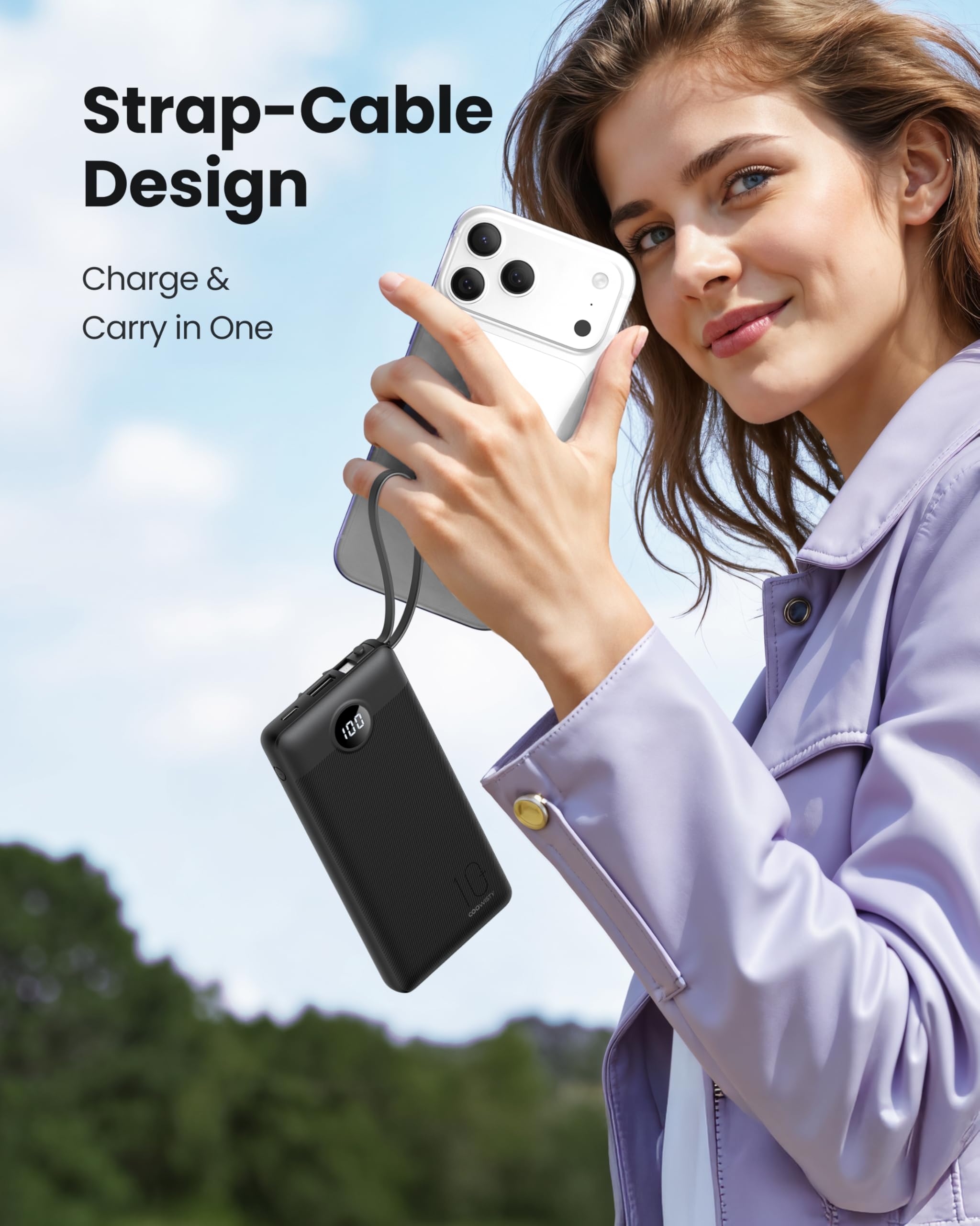 Coowisty Power Bank mit Ladekabel, 10000mAh Tragbares Ladegerät USB C, 5 Ausgänge 2 Eingänge LED Display Externe Akkupack für Handys,Kompatibel mit iPhone, Samsung, Huawei und mehr (Schwarz) 6