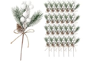 ALAGIRLS 24 PCS 8" Christmas Pine Picks, Artificial Pine Needles Branches with White Berry Stems, Small Fake Holly Berries Pinecones Branches for Crafts Christmas Tree DIY Garland Holiday Wreath