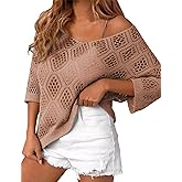 LOMON Womens 3/4 Sleeve Crochet Tops Off Shoulder Hollow Out Sweater V Neck Casual Loose Fit Beach Cover Up