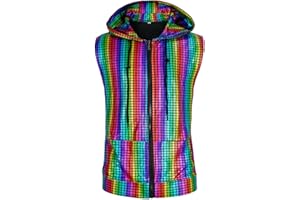 DZMDIP Men's Sequins Sleeveless Hooded Vest Disco Zippered Shirts 70s Disco Party Costume