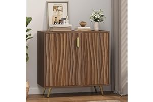 Dorivibe Walnut Buffet Sideboard Cabinet with Storage, 4-Tier Storage Cabinet with Water Wave Pattern Doors, Modern Coffee Ba