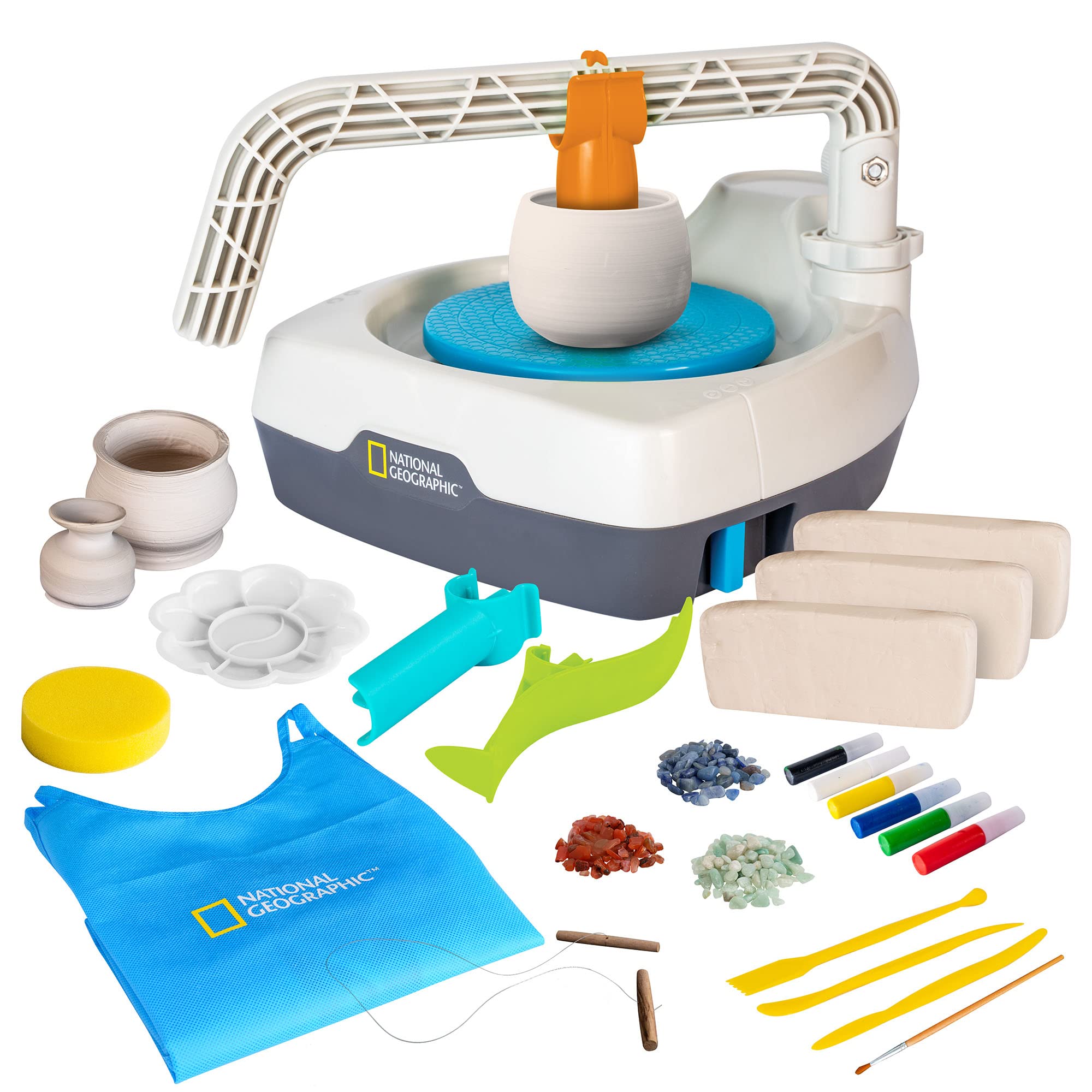 Photo 1 of Blue Marble National Geographic Deluxe Pottery Wheel Kit – Complete Starter Pottery Set, Plug-in Motor, 3 lbs. Air Dry Clay, Gemstone Chips, Sculpting Tools, Patented Arm Tool, Paints & More