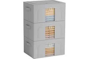 GoMaihe Space Saving Storage Bins 3-Pack, 24L Foldable Organizer with Metal Frame & Lid, Stackable Closet Box for Sweaters, K