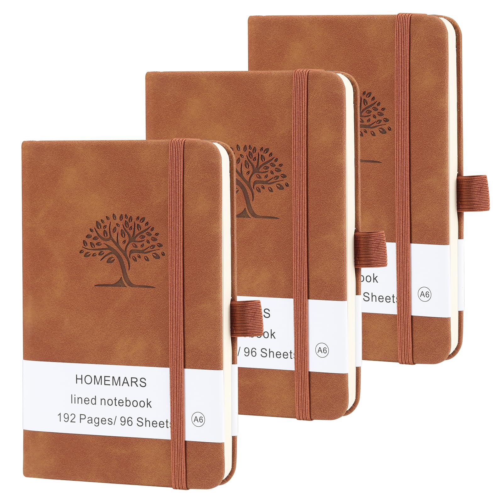 HOMEMARS Pocket Notebook, Small Notebook, 3 Pack, Pocket Notepad, 14.4 cm x 9.6cm, A6 Notebook, Brown, 192 Pages Each, Hardcover, Lined Paper, Vegan Leather with Pen Loop, Embossing Tree Design