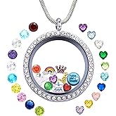 Birthday Gifts for Her, Floating Living Memory Locket Necklace Pendant with Charms & Birthstones for 6th 7th 8th 9th 10th 11th 12th 13th 14th 15th Sweet 16 18th 21st 30th