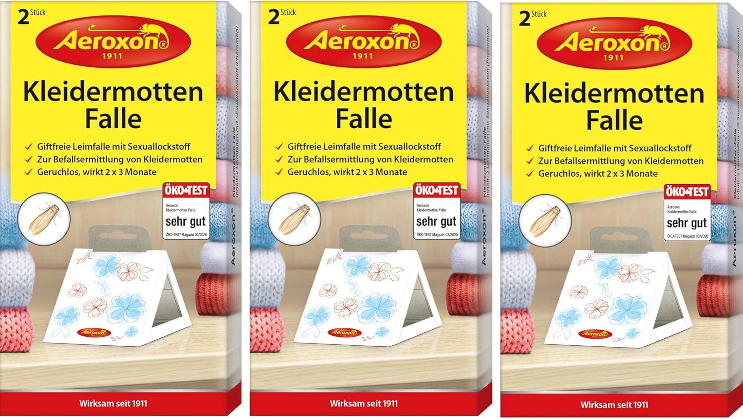 AEROXON Kleidermottenfalle - Dreierpack 3x2 = 6 Stück