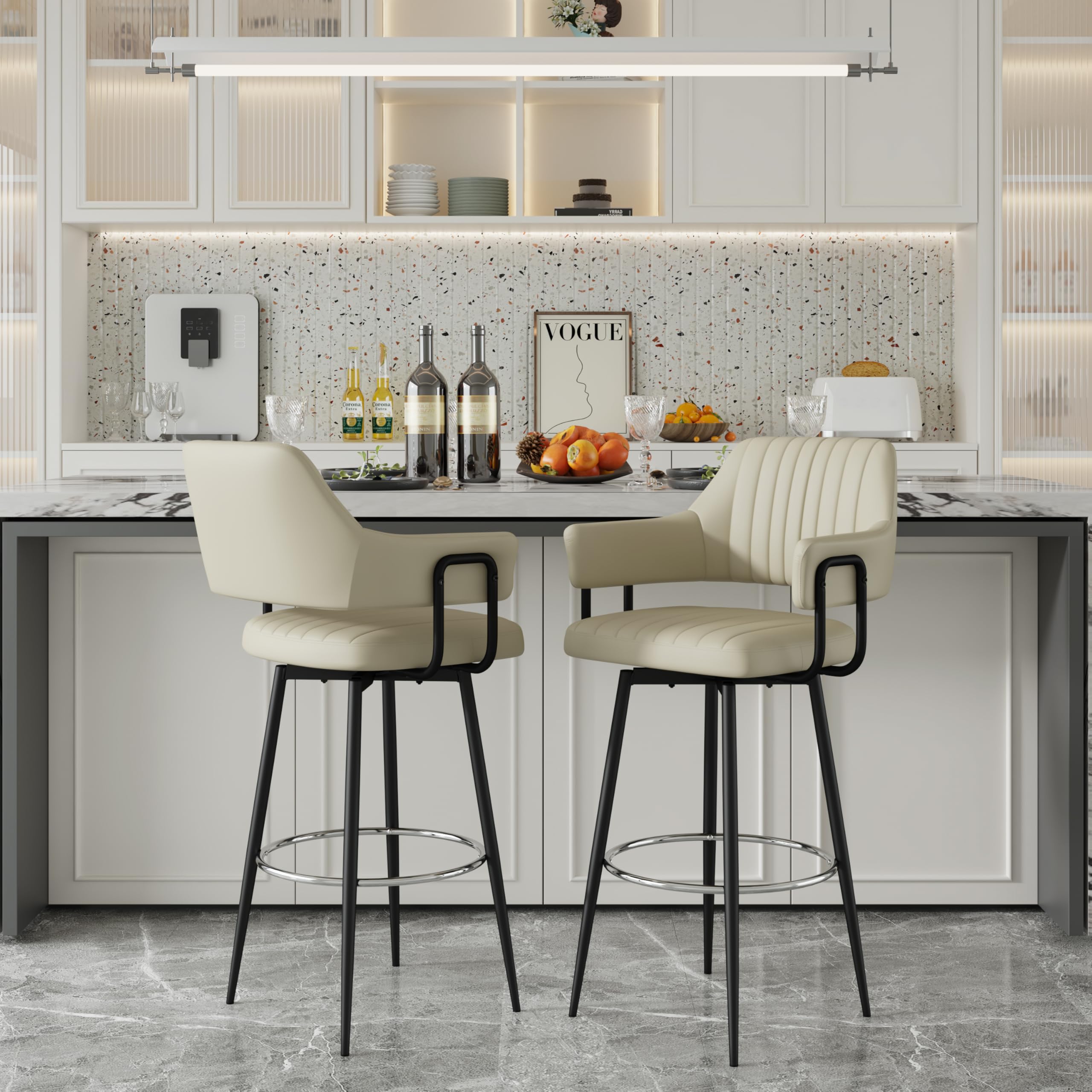 Photo 1 of GREHOME Swivel Bar Stools Set of 2, Ergonomic Backrest, Linen Fabric Upholstered Bar Stools with Chrome Plated Metal Feet for Kitchen Island (Beige-PU, 30 inch)