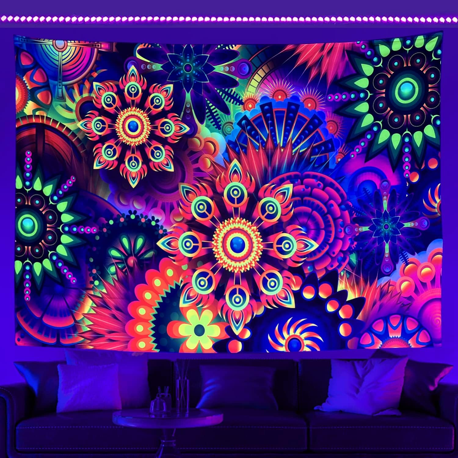 Tapestries - Miytal Boho Blacklight Tapestry Colorful Mandala Tapestry Wall Hanging Dot Art Hippie Trippy Wall Tapestry for Bedroom Living Room- 44 * 59 inches