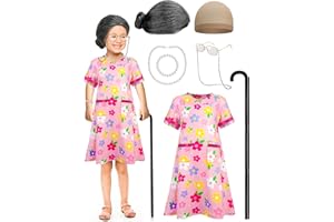 Huskein 100 Days of School Costume, Old Lady Cosplay Girls Black White Bun Wig Cap Glasses Cane Necklace Bracelet for Kids