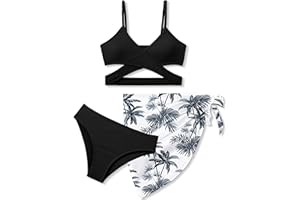 NAPU Girls Swimsuit 3 Piece Bathing Suits for Girls Criss Cross Color Block Bikini Set with Beach Cover Up Girls' Swimwear