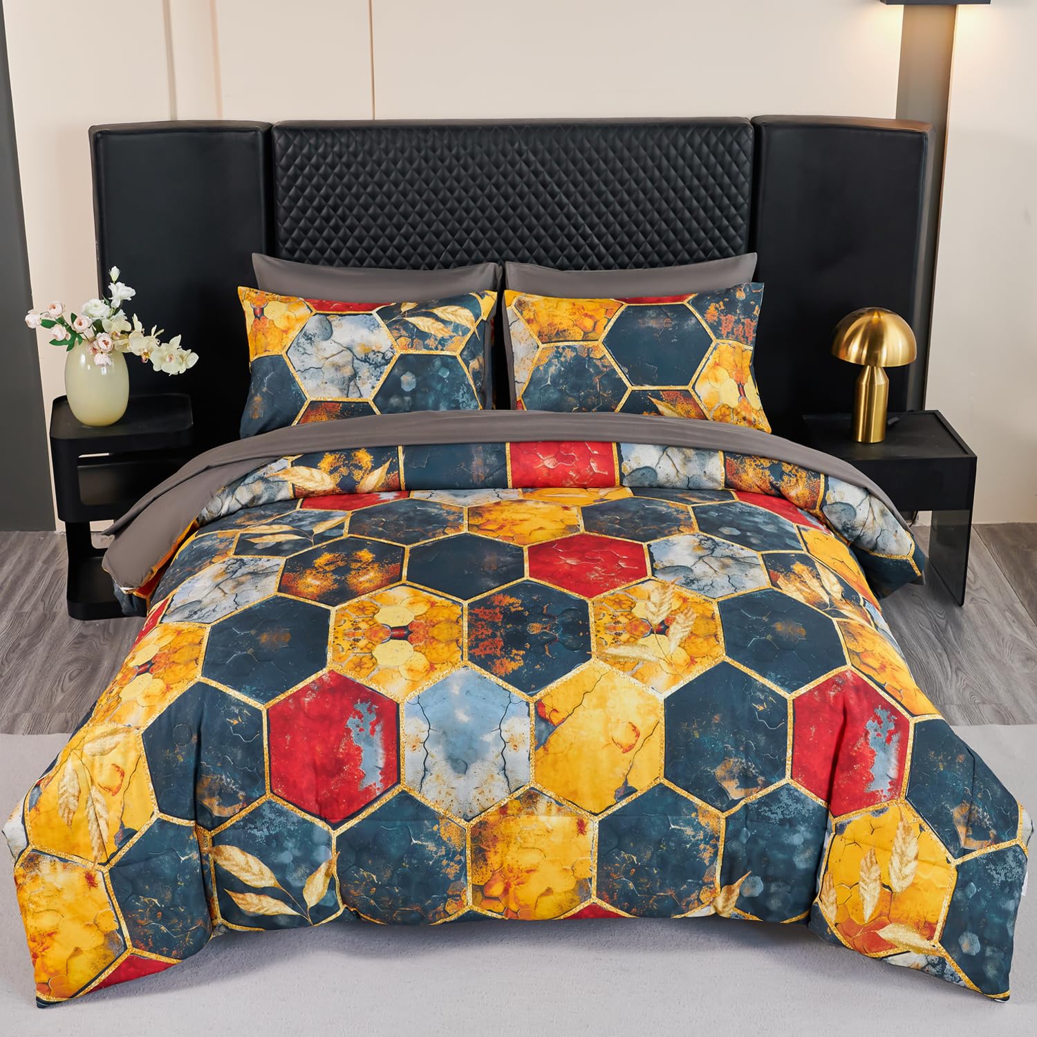 ANGIYUIN 7Pcs Grey Gold Marble King Size Bed in A Bag Geometric Honeycomb Comforter Set Watercolor Bed Set Gold Leaves Printed Bedding Comforter Set with Sheets for All Season(King Gray Gold) Image