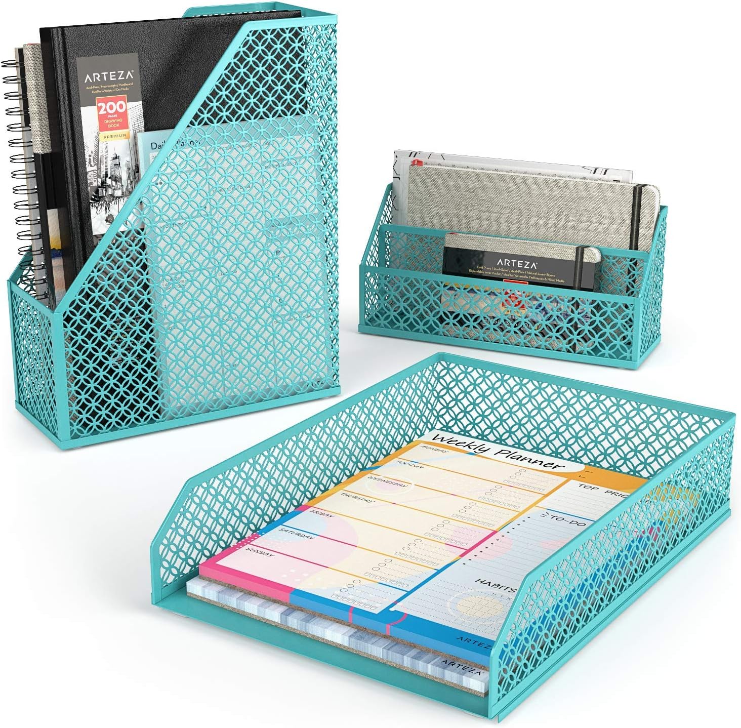 Arteza Desk Organizer Accessories Set in Tiffany Blue, 6-Piece Includes Pencil Cup Holder, Letter Sorter, Letter Tray, Magazine Holder, Name Card Holder, Sticky Note Holder for Home or Office : Office Products