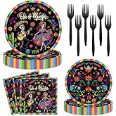 96 Pieces Day of the Dead Plates and Napkins,Dia de los Muertos Sugar Skull Disposable Tableware with Paper Plates, Napkins for Mexican Themed Party, Taco Tuesday, Fiesta Party Supplies, Serves 24