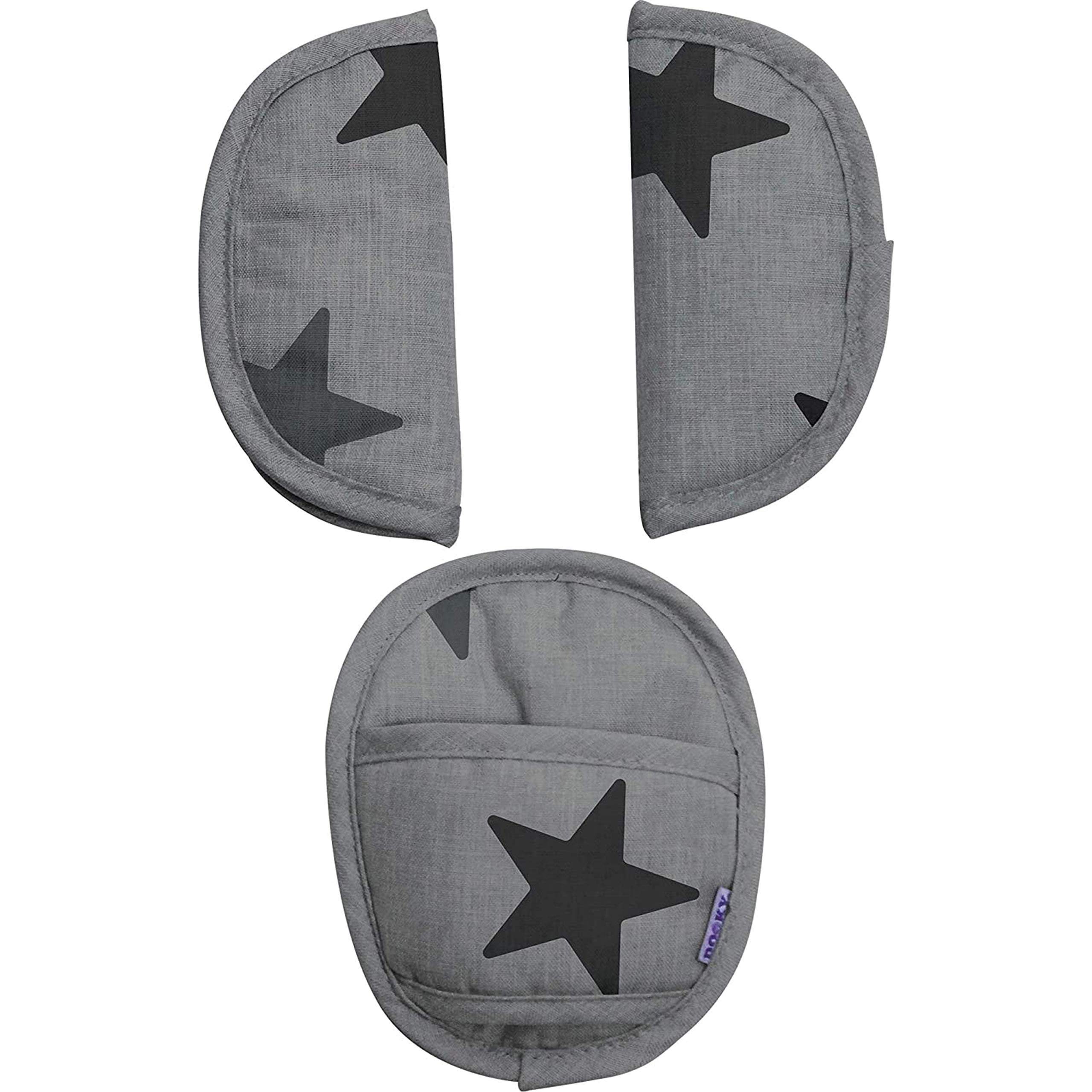 Dooky Car Seat Belt Pads, Harness Strap Pads for Baby's Protection, Universal Size Suitable for 3- and 5-Point Belt System, Group 0+ yrs, 3-Piece Set (2 Shoulder Pads, 1 Crosspiece), Grey Stars