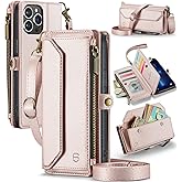 Strapurs Wallet Case Compatible with iPhone 13 Pro Max RFID Blocking 10-Card Holder Soft PU Leather Magnetic Snap Shoulder Strap Zipper Pocket Phone Case Fit for iPhone 13 Pro Max - Rose Gold