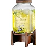 Drink Dispenser with Acacia Wood Stand and Lid,2 Gallon Glass Beverage Dispenser with Stainless Steel Spigot for Parties,Picnics,Barbecues,Lemonade,Sun tea Jar,ice coffee,Laundry Detergent Dispenser