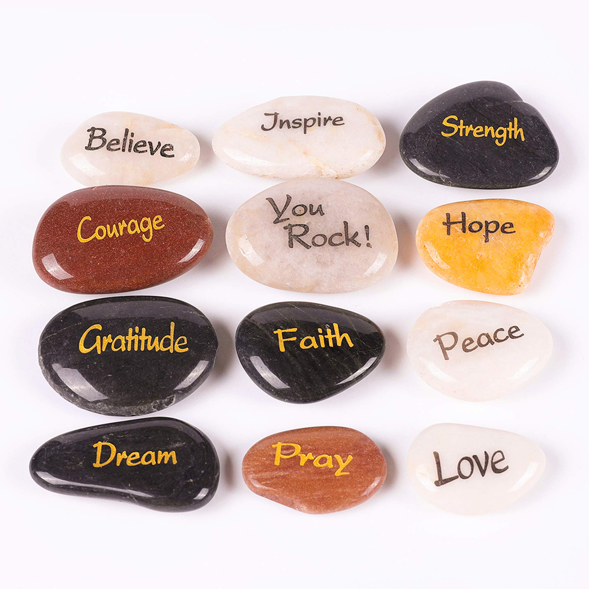 ROCKIMPACT 12 PCS Engraved Inspirational Stones, Sentimental Gifts, Motivational Keepsake, Different Words Message Pebbles, Gratitude Healing You Rock Ornament, Wholesale Price, 5-8cm (2"-3") ea