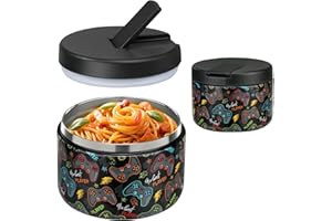 Pawtong 12oz Insulated Vacuum Food Jar with Buckle Lid Wide Mouth Soup Thermo for Hot Food Kids Leakproof Stainless Steel Lunch Container (Black-Game)