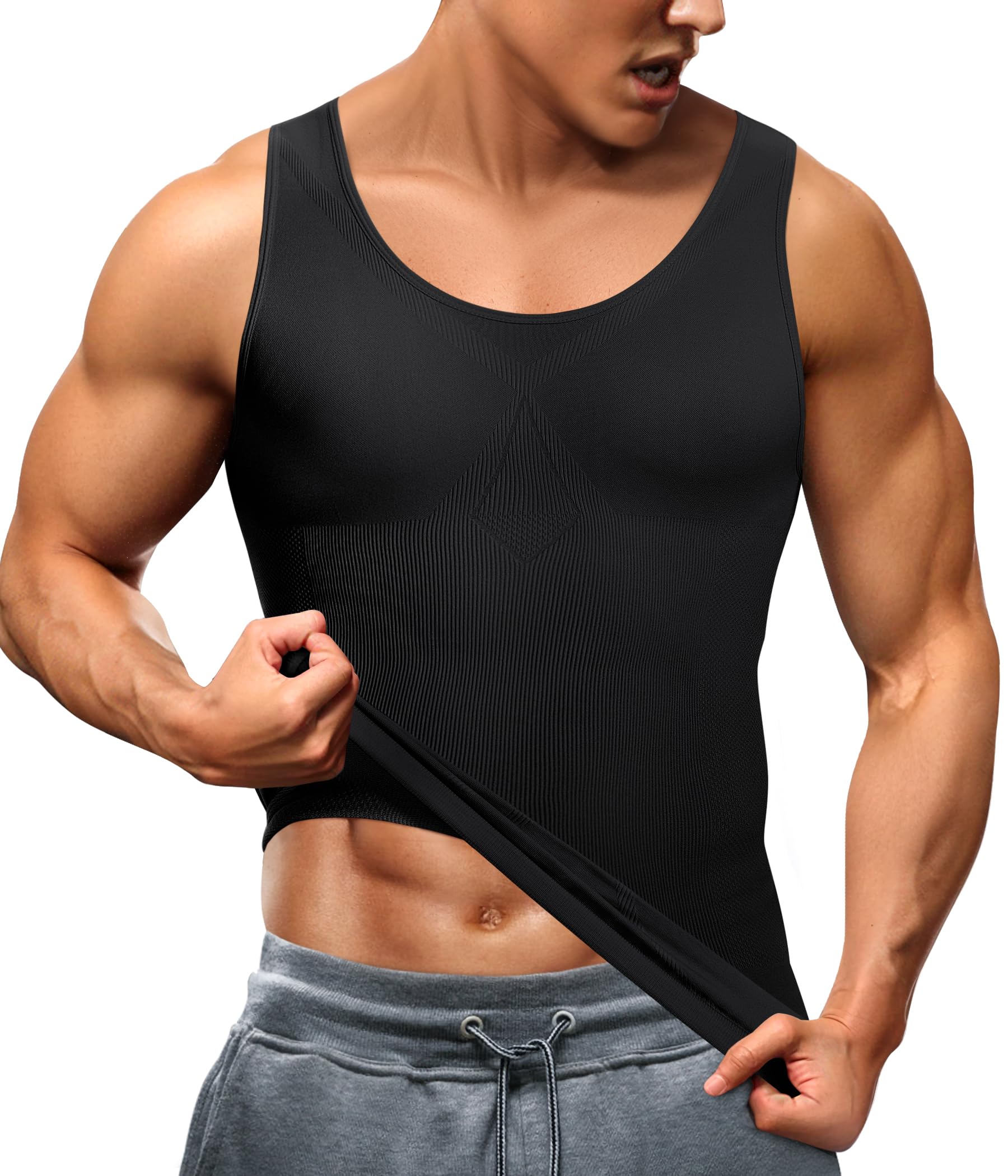 Photo 1 of TAILONG Men's Compression Shirt - Slimming Body Shaper, Waist Trainer, Workout Tank Top, Abdomen Undershirt (Black, Medium-Large)