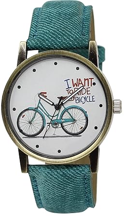 CLOUDWOOD Analogue Round DialI Want to Ride Bicycle Denim Green Strap Unisex Wrist Watch-LRM-229