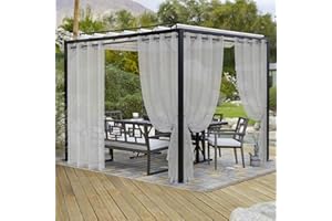 LORDTEX Burlap Linen Look Outdoor Curtains for Patio - 2 Panels Waterproof Sheer Curtains for Pergola, Porch, Cabana and Gazebo Grommet Indoor/Outdoor Voile Sheer Drapes (52 x 84 inch, Silver)