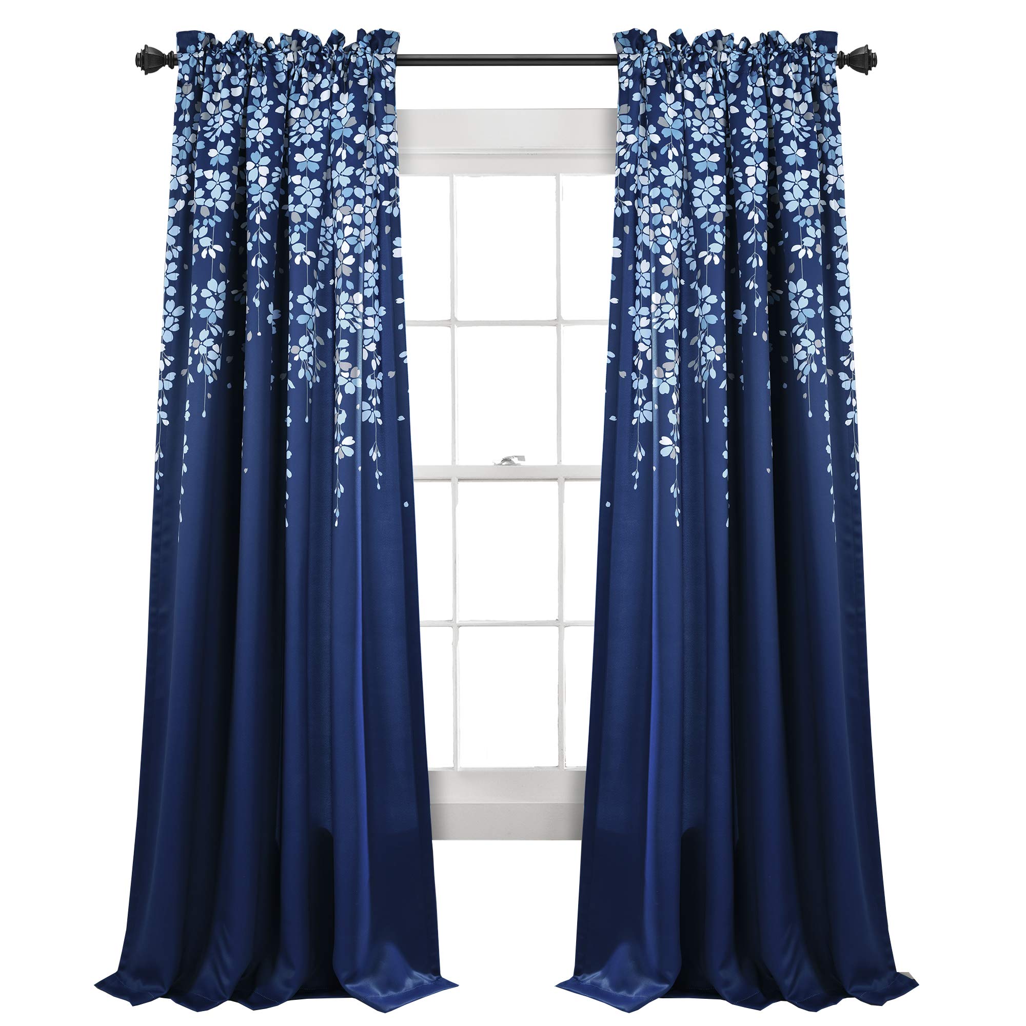Lush Decor Weeping Flower Light Filtering Window Curtain Panels, Pair, 52" W x 84" L + 2" Header, Navy - Charming Modern Floral Curtains for Living Room, Dining Room, & Bedroom