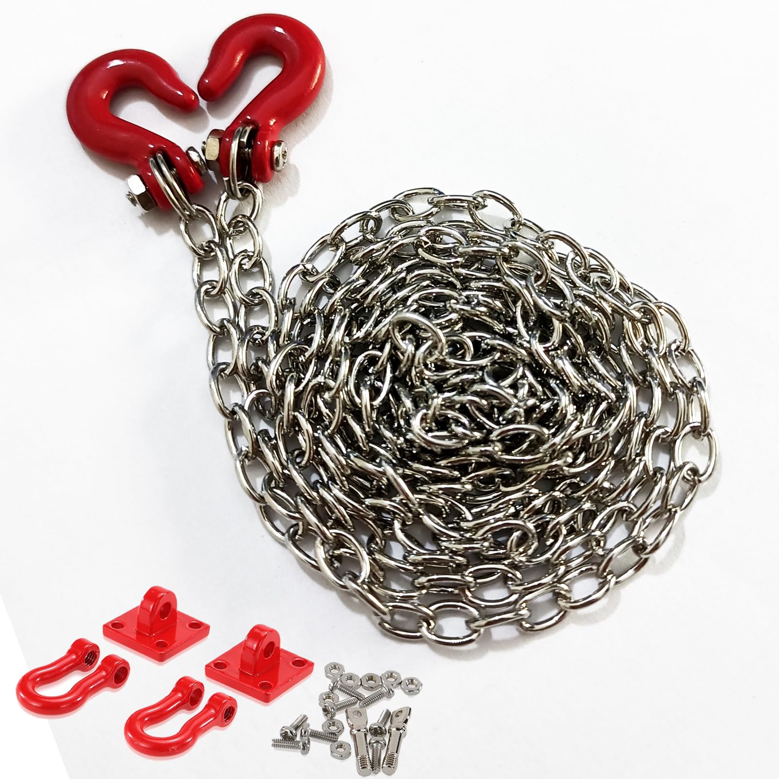 YijiaLink Metal Trailer Chain and Tow Hook 1/10 RC Car Decoration Accessories Compatible with 1/10 RC4WD D90 Axial SCX10 RC Rock Crawler (Siliver + Red)