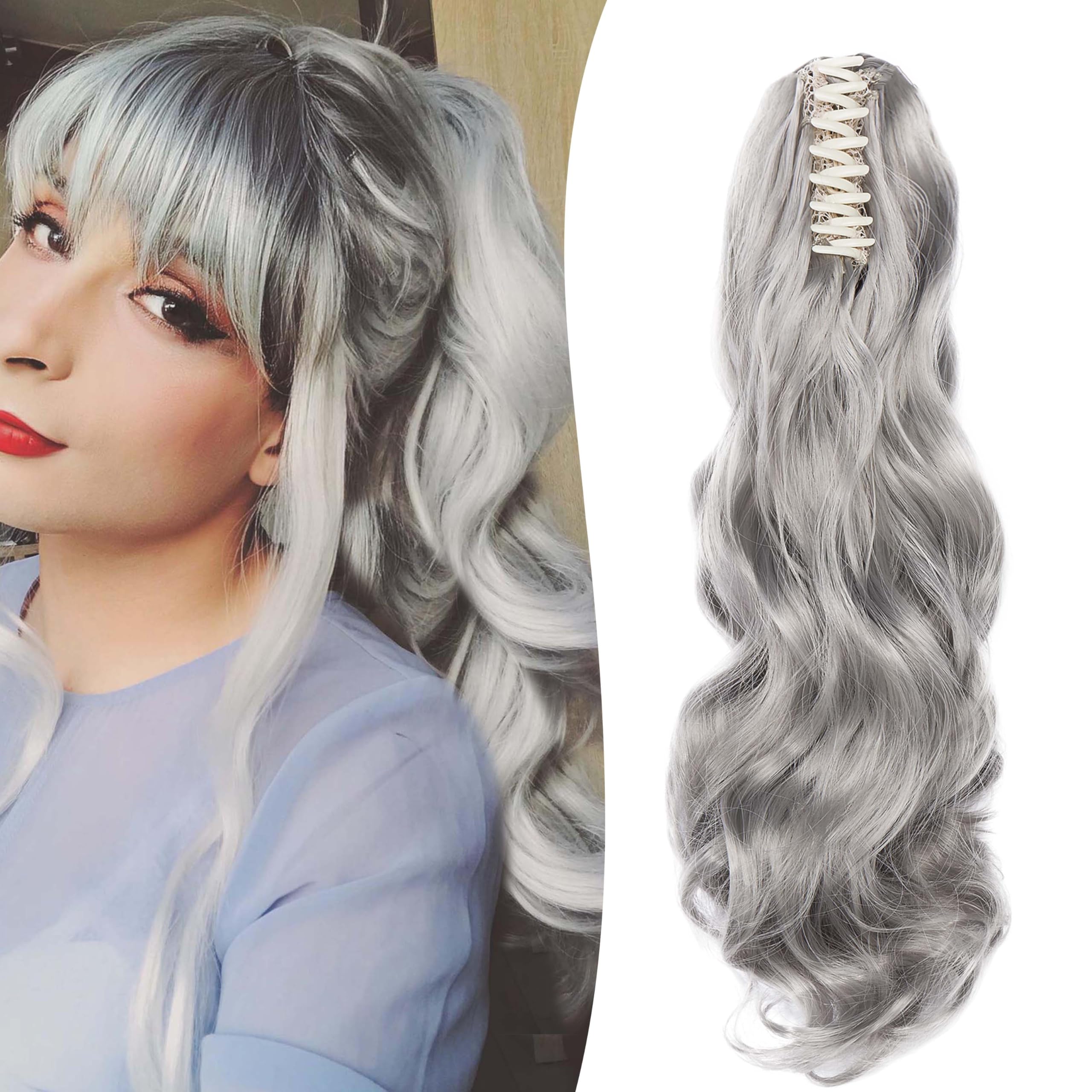 Gairyan 20inch Ponytail Extension Clip in Ponytail Hair Extensions Curly Wavy Pony Tails Claw on Ponytail Long Wave Synthetic Hairpieces for Women Soft Real Look (Dark Gray)