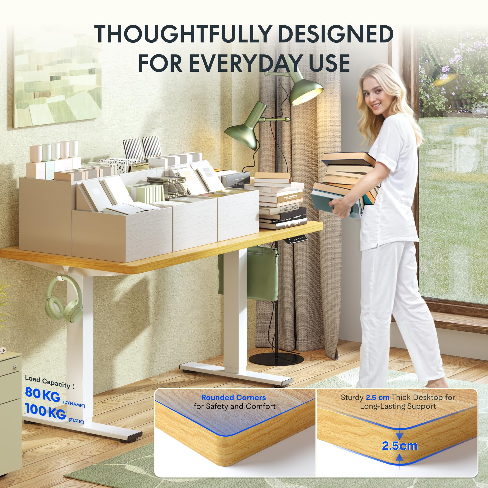 FLEXISPOT Höhenverstellbarer Schreibtisch 160×80cm, mit Haken und 25mm EINTEILIGER Tischplatte, ergonomischer Schreibtisch mit LED-Höhenanzeige und Memory-Funktion (Weiß, Weiß) 4