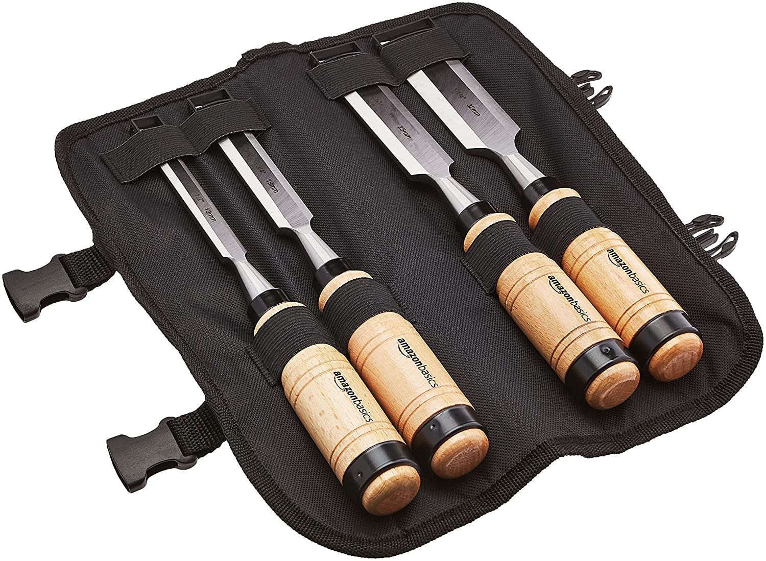 Amazon Basics - 4-Piece Sturdy Chrome Vanadium Steel Woodworking Wood Chisel Set – 1/2 inch (13mm) to 1-1/4 inch (32mm), Wooden Handles with Carry Pouch