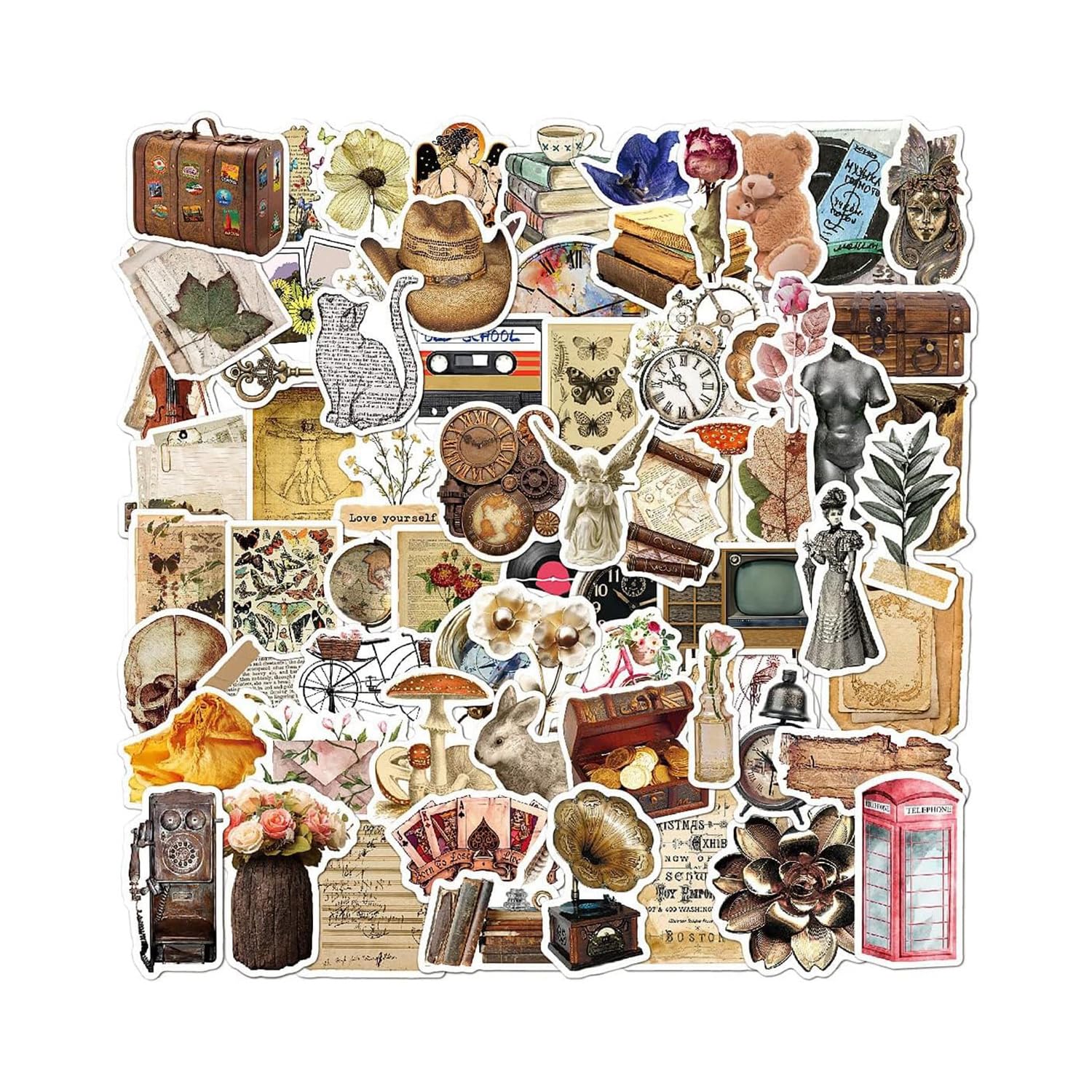 Hopzab 100 Pcs Vintage Literary Patterns Stickers,Cute Waterproof Stickers for Luggage,Notebook,Handbook,Water Bottle,Laptop,Envelopes