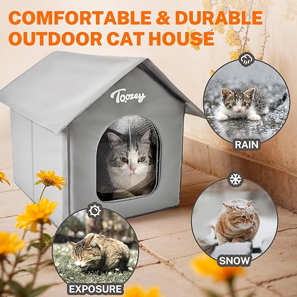 TOOZEY INSULATED OUTDOOR CAT HOUSE WITH 4 BONUS INSULATION SHEETS – WEATHER-RESISTANT, EASY ASSEMBLY, DURABLE FERAL CAT SHELTER WITH REMOVABLE SOFT MAT FOR WINTER PROTECTION, GREY