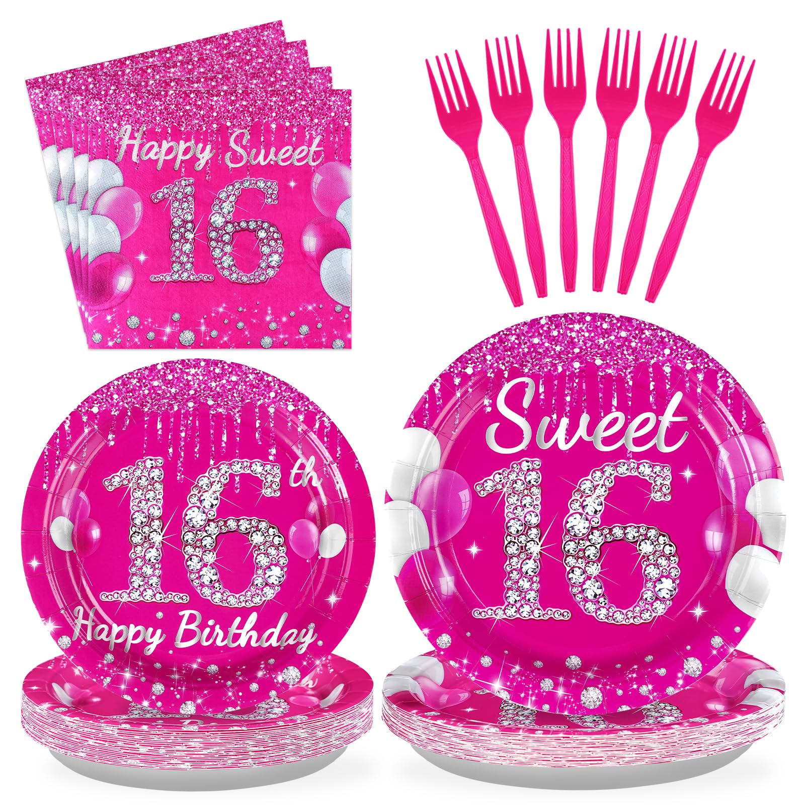 Photo 1 of 96Pcs 16th Birthday Party Supplies 350 GSM Hot Pink Sweet 16 Plates and Napkins Tableware Sets Sixteenth Birthday Decorations for Girls Happy 16 Years Old Party Favors, Serves 24