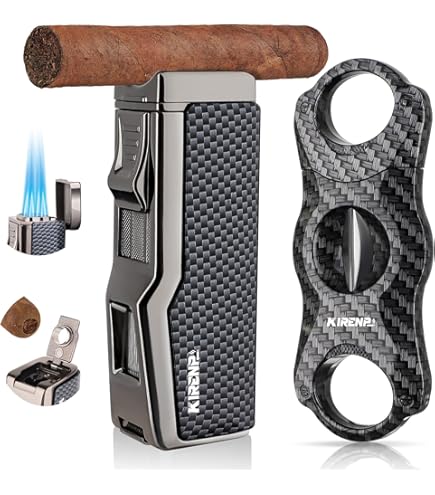 Cigar Torch Lighter 3 Jet Flame Cigar Punch Cigar Holder Refillable Windproof Triple Jet Refillable Lighter Multi-Functional Cigar Accessories (Gold
