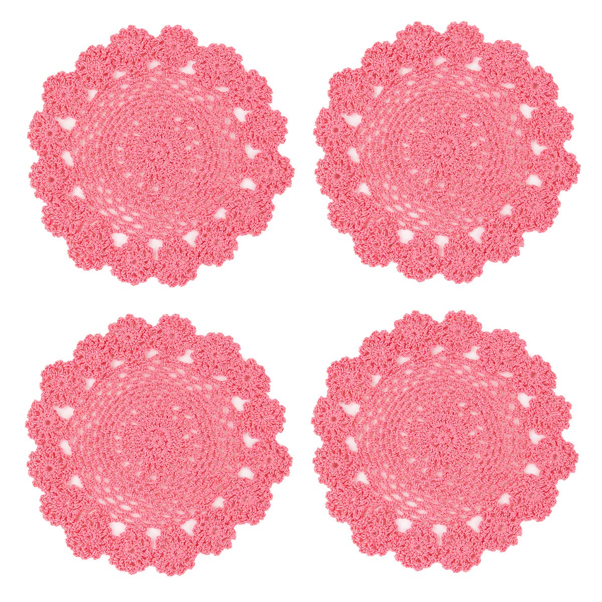 kilofly Crochet Cotton Lace Table Placemats Doilies Pack, 4pc, Pink, 7 inch