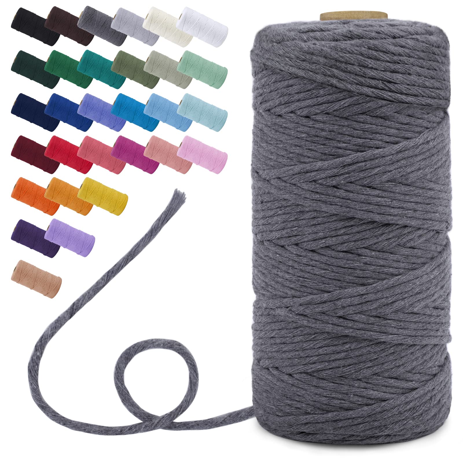 Uiopa Single Strand Macrame Cord 3mm x 100m, Macrame Yarn Thick Thread Natural Cotton Cord, Coloured Craft String for DIY Crafts, Wall Hanging, Plant Hanger, Tassels (Gray)