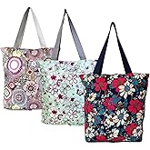 3 Pack Reusable Grocery Bags Foldable Washable Shopping Tote Bag with Top Zipper in Floral Pattern Heavy Duty Long Handles