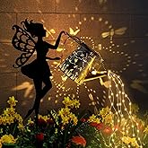 Ouddy Decor Fairy Garden Decor with Solar Watering Can, Metal Fairy Garden Statues with Hanging Lanterns Waterfall Lights Silhouette Waterproof for Lawn Pathway Gardening Gifts