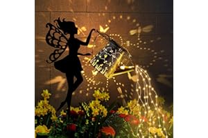 Ouddy Decor Fairy Garden Decor with Solar Watering Can, Metal Fairy Garden Statues with Hanging Lanterns Waterfall Lights Solar Christmas Gifts Silhouette Waterproof for Lawn Pathway Gardening Gifts
