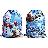 PerFest 2 Pack Large Christmas Sacks, 19.7''x27.6'' Burlap Linen Gift Bags with Drawstring. (Santa Sleigh & Snowman Bear)